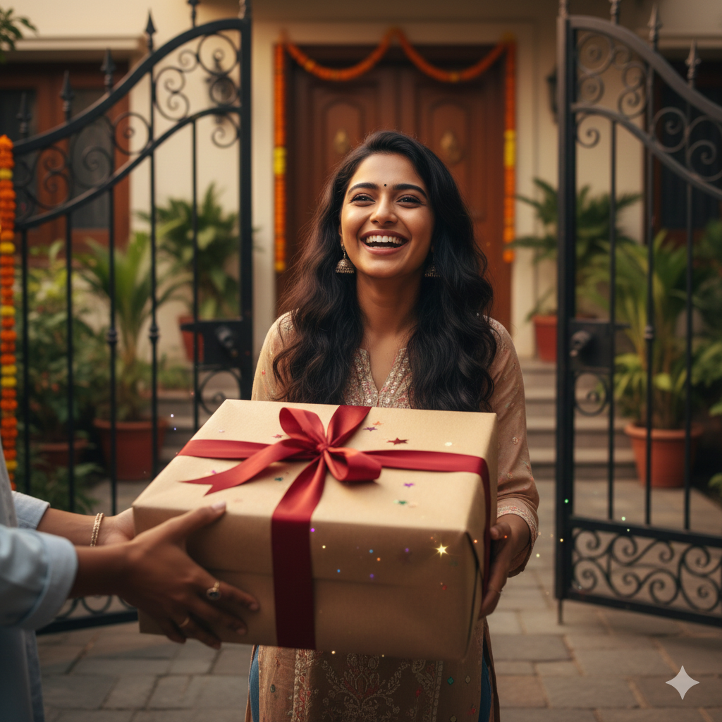 a woman holding a gift box with a red ribbon